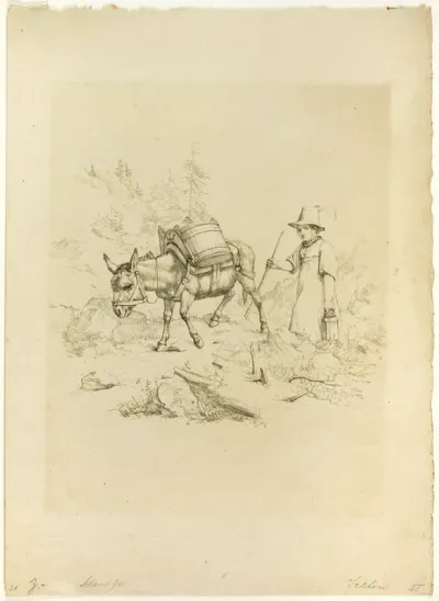 Girl with Donkey Bearing Pack, in Mountain Landscape