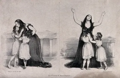 Giuditta Pasta in the role of Medea: she embraces her children (left) and then throws her arms up in anticipation of murdering them (right)