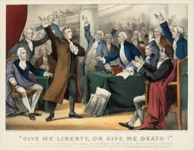 "Give Me Liberty or Give Me Death!–Patrick Henry delivering his great speech on the Rights of the Colonies, before the Virginia Assembly, convened at Richmond, March 23rd, 1775. Concluding with the above sentiment, which became the war cry of the Rev