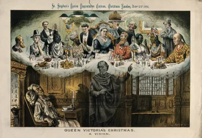 Gladstone, asleep in a chair next to a fire, has a nightmare vision of Disraeli showing Queen Victoria celebrating Christmas dinner with foreigners, including a Chinese man, a native American, an African man and an Indian man