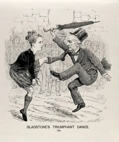 Gladstone dancing with Lord Rosebery, who is wearing a kilt; celebrating the Liberal victory in the British General Election of 1880 and a crown