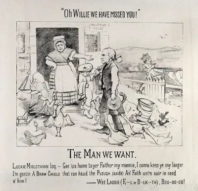 Gladstone is welcomed home by a woman who could not cope with her four children any longer, representing the parliamentary constitutency of Midlothian; Disraeli as Lord Beaconsfield ploughs a field in the background