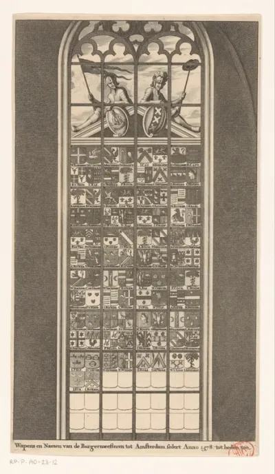 Glas-in-loodraam met de wapens en namen van de Amsterdamse burgemeesters (1578-1691) in de Oude Kerk te Amsterdam