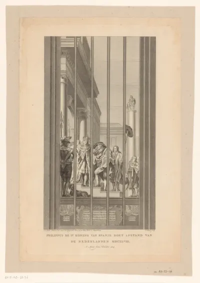 Glas-in-loodraam met koning Filips IV die afstand doet van de Nederlanden, 1648