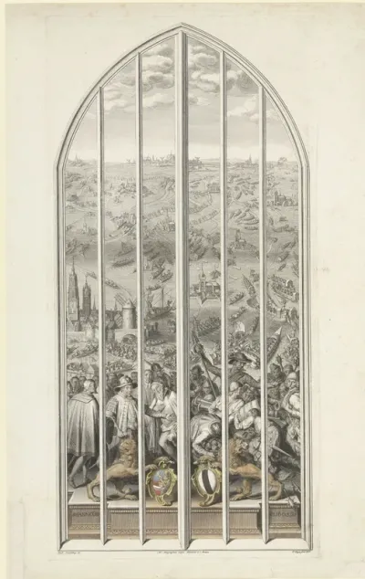 Glasraam 25 in de Sint-Janskerk te Gouda: Het ontzet van Leiden, 1574