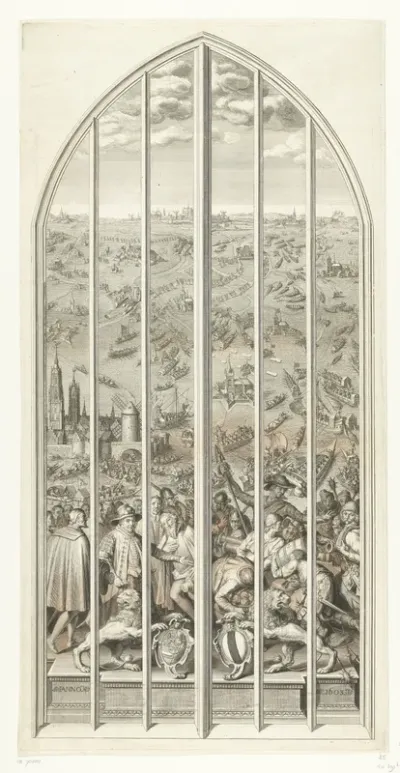 Glasraam 25 in de Sint-Janskerk te Gouda: Het ontzet van Leiden, 1574