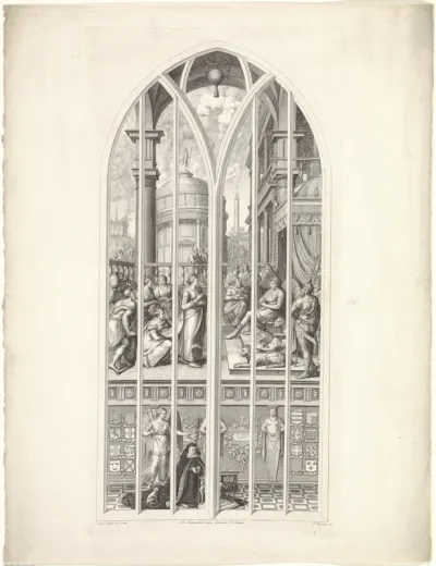Glasraam 5 in de Sint-Janskerk te Gouda: Bezoek van de koningin van Seba aan Salomo