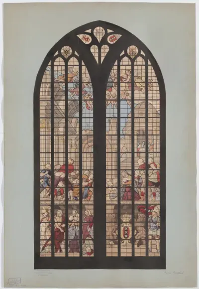 Glasraam met de aanbidding der herders in de Oude Kerk te Amsterdam
