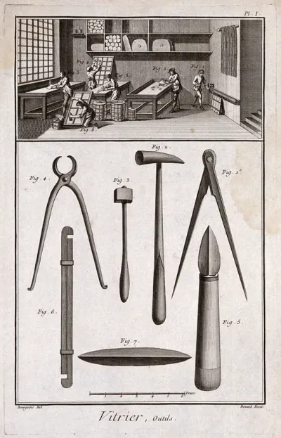 Glass: a glazier's workshop (above), the tools used for making and glazing windows (below)