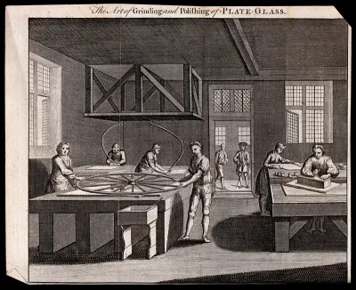 Glass: men at work inside a plate glass factory