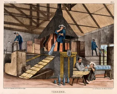 Glass: the interior of a glass factory, with people at work