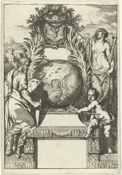 Globe geflankeerd door allegorische figuren