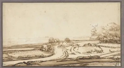 Glooiend landschap met weg en huis aan bosrand