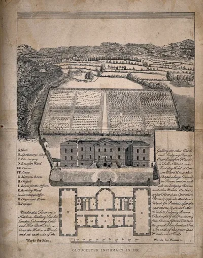 Gloucester Infirmary, England: with floor plan and printed text