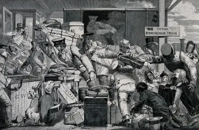 Gloucester railway station: a number of porters helping passengers to change trains owing to the change of gauge