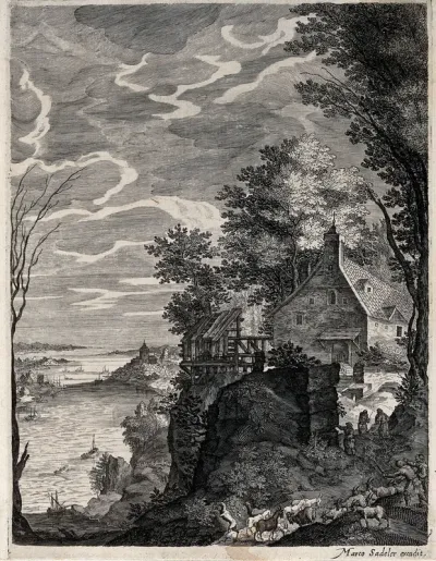 Goatherds driving their flock in a river landscape