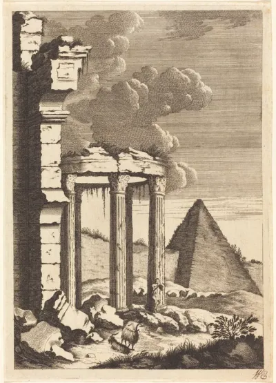 Goats before Ruins and a Pyramid