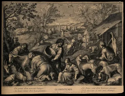Goats being milked outside a farm and dogs setting off on a hunt; representing spring