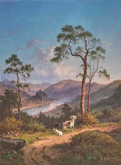 Goats in the mountains, in the background Schreckenstein Castle