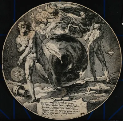 God about to create the universe from a large sphere which is suspended on a rope by two genii