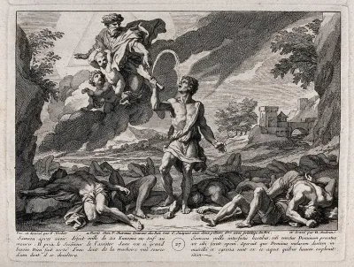 God and two cherubs make water flow from the ass's jaw that Samson has used to kill the Philistines