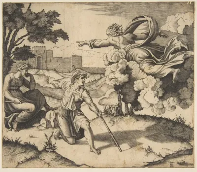 God appearing to Isaac; God floating in clouds pointing toward Rebecca seated under a tree at left, Isaac kneeling in the center holding a large stick and also pointing to Rebecca