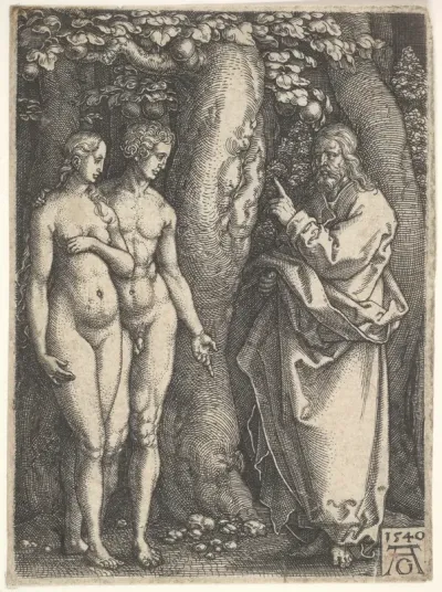 God at right forbidding the nude Adam and Eve at left to eat from the tree of knowledge in center, from "Adam and Eve"