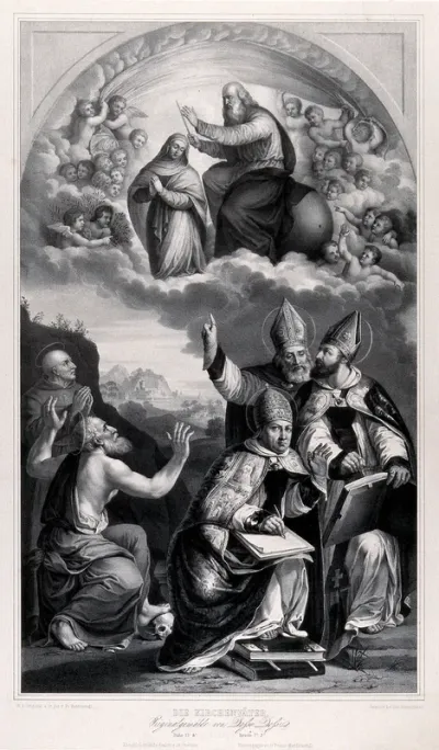 God blessing the Virgin with Saint Jerome, Saint Ambrose, Saint Bernardinus and Saint Gregory the Great