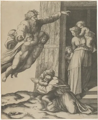God carried by angels, appearing to Noah and his family, after the Flood