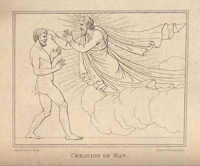God creates man, his hand inspiring life into the head of Adam