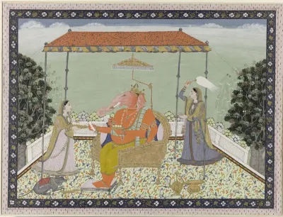 God Ganesa (Ganapati) met olifantslurf met zijn twee dienaressen Siddhi en Buddhi onder een balkijn gezeten
