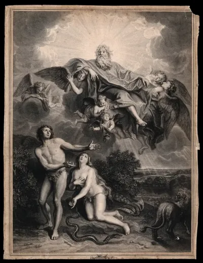 God looks on unimpressed as Adam blames Eve for the transgression