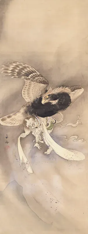 God of Wind caught by a hawk [left of the pair Gods of Wind and Thunder]