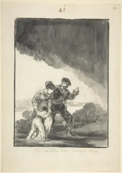 God save us from such a bitter fate; a bandit threatening a woman and a child with a knife, page 41 from the "Black Border Album" (E) — Goya (Francisco de Goya y Lucientes) Kanvas Tablo