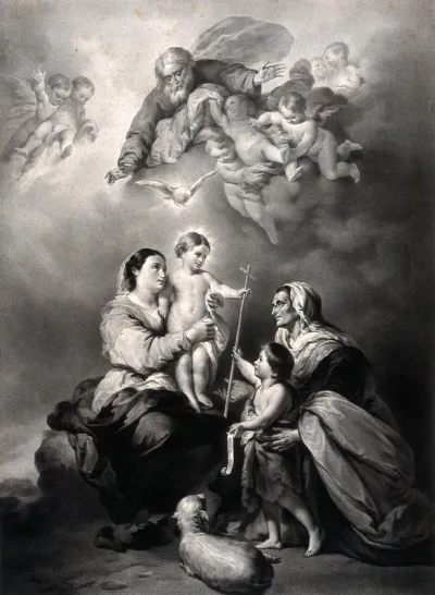 God the Father with the Holy Ghost, Saint Mary (the Blessed Virgin) and the Christ Child, Saint John the Baptist, Saint Elisabeth and angels
