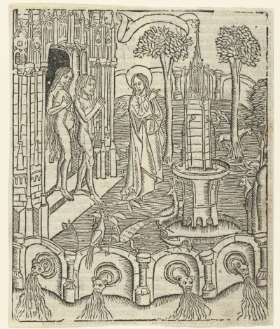 God toont Adam en Eva het Paradijs