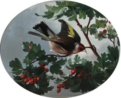 Goldfinch sitting on a blooming hawthorn branch