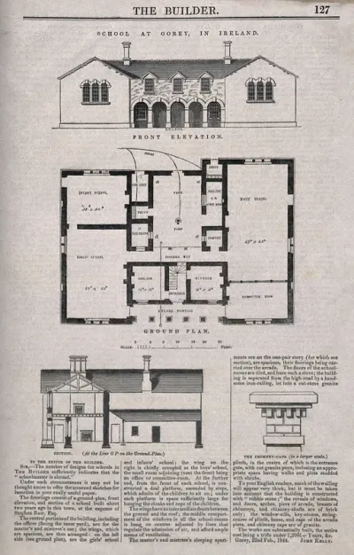 Gorey School, Ireland: ground plans and architectural details with printed text