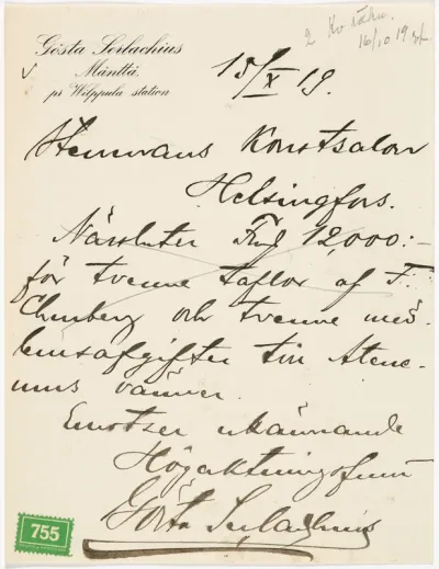 Gösta Serlachiuksen kirje Stenmanin taidesalongille (Gösta Stenmanille) 15.10.1919