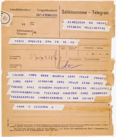 Gösta Stenmanin sähkösanoma Torsten Stjernschantzille 27.5.1920