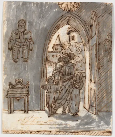 "Gotisk" scene. En skjald fører to børn ind i et gotisk hus
