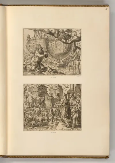 Gott befiehlt Noah die Arche zu bauen; Noah besteigt mit seiner Familie und den Tieren die Arche