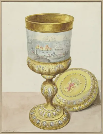 Gouden beker met deksel, geschonken aan Cornelis de Witt ter gelegenheid van de Tocht naar Chatham, 1667