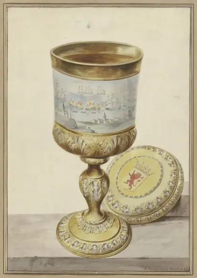 Gouden beker met deksel, geschonken aan Cornelis de Witt ter gelegenheid van de tocht naar Chatham, 1667