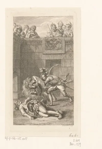 Graaf Friedrich valt de leeuw aan, voor hen ligt de man van stro