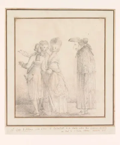 Graaf van Albanië en zijn vrouw aan de armen van twee begeleiders voor het Bal de l'Opera te Florence