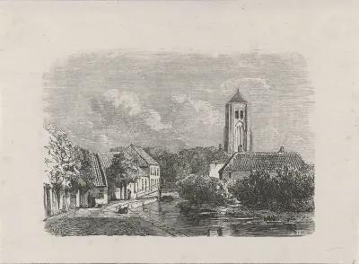 Gracht in een stad met een kerktoren