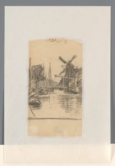 Gracht met ophaalbrug en windmolen