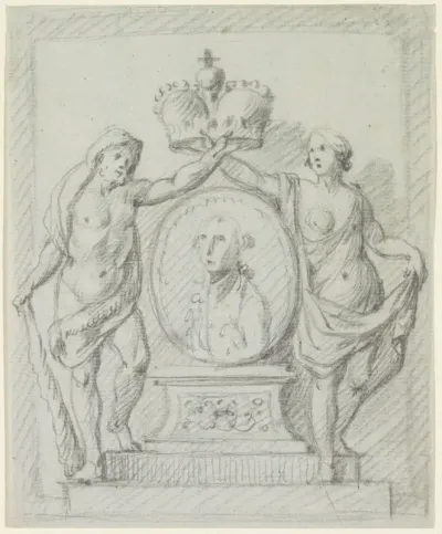 Grafmonument met medaillon en staande figuren
