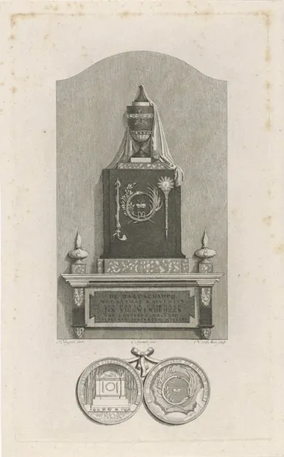 Grafmonument voor Jan Nieuwenhuyzen in de Grote Kerk te Monnickendam en penning